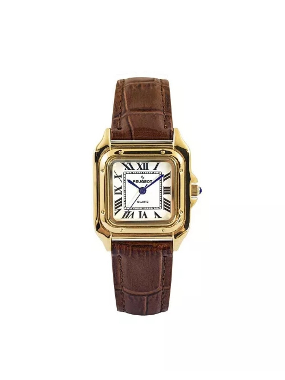 Peugeot Women's 14K Gold-Plated 32mm Tank Shape Brown Leather Strap Watch